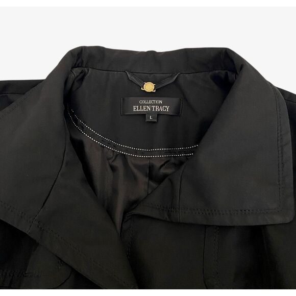 Ellen Tracy Black Belted Trench Coat Rain Jacket Sz L - Picture 6 of 7